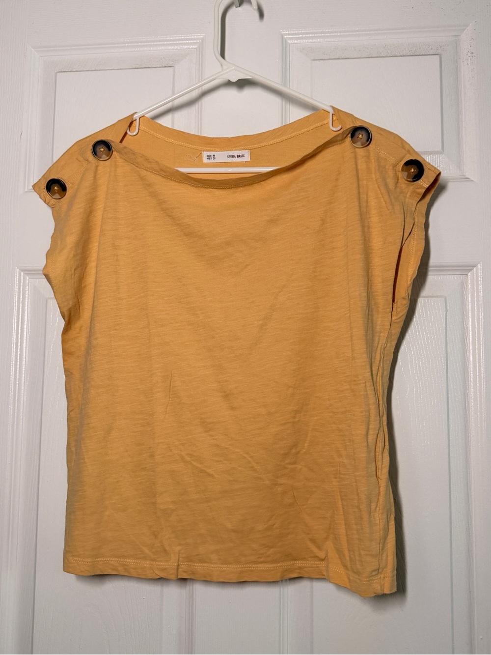 Sfera Basic Women’s Button-Shoulder Short Sleeve Tee in Mustard
